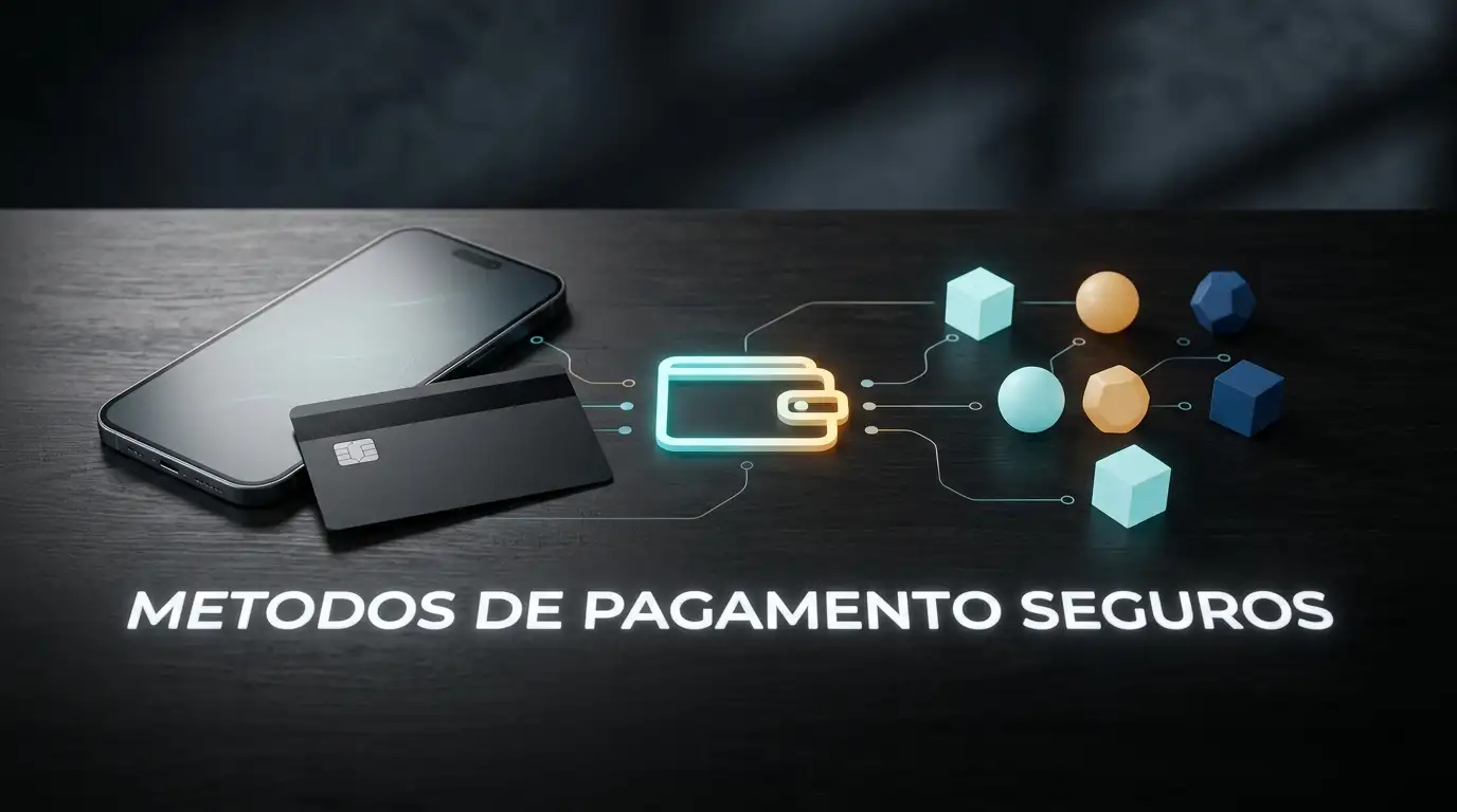 Smartphone junto de um cartão bancário e símbolos genéricos de carteira digital e criptoativos