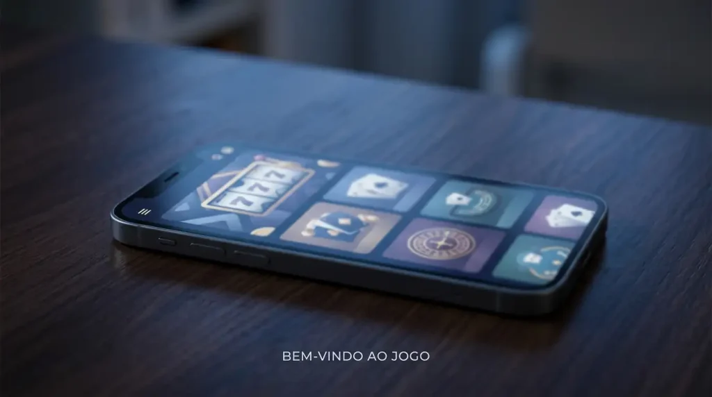 Smartphone sobre uma mesa com um lobby de casino genérico visível no ecrã