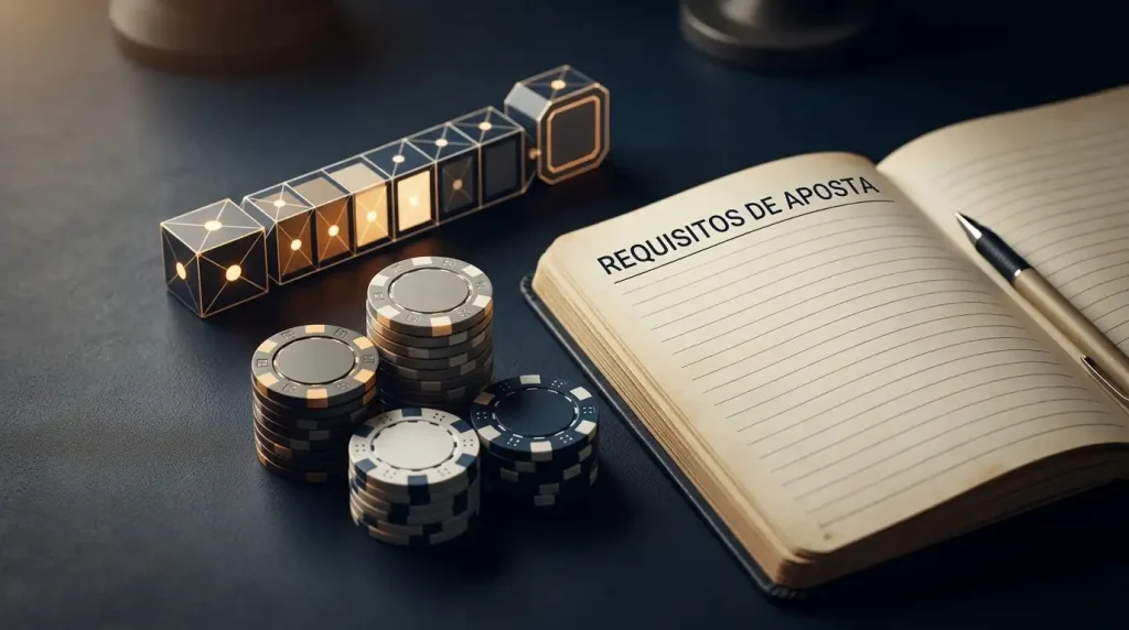 Fichas de casino junto a um contador abstrato de progresso e um bloco de notas