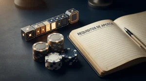 Fichas de casino junto a um contador abstrato de progresso e um bloco de notas