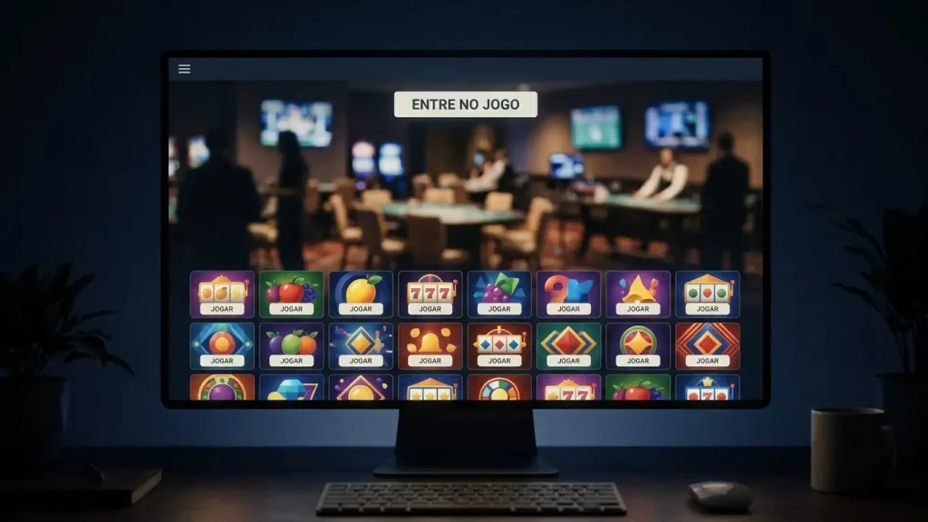 Ecrã de casino digital com grelha de slots e mesa de casino ao vivo ao fundo