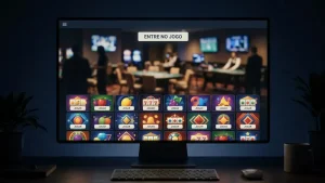 Ecrã de casino digital com grelha de slots e mesa de casino ao vivo ao fundo