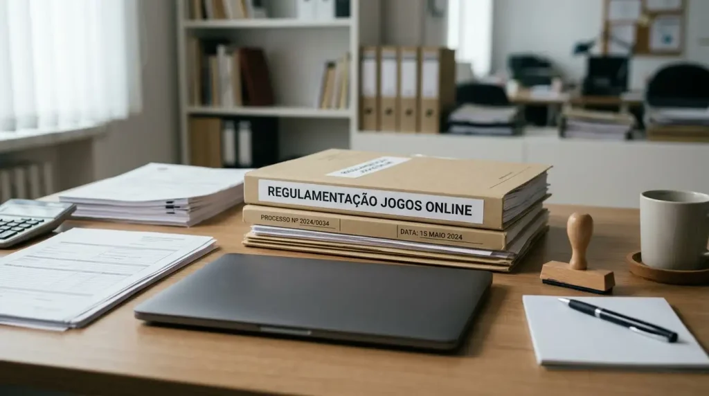 Secretária com documentos regulatórios, portátil e carimbo junto a uma pasta