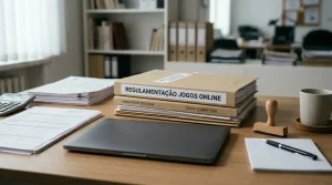 Secretária com documentos regulatórios, portátil e carimbo junto a uma pasta