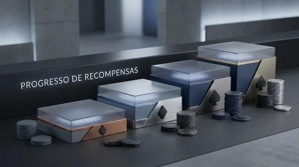 Quatro patamares abstratos de fidelização dispostos em sequência sobre uma interface escura