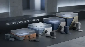 Quatro patamares abstratos de fidelização dispostos em sequência sobre uma interface escura