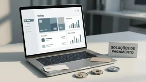 Carteira digital num portátil junto a cartões bancários e símbolos genéricos de criptoativos